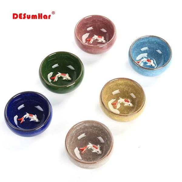 6pcs Ceramic 3D Golden Fish China tea cup setCrackle Glaze Travel Tea Bowl Chinese Porcelain Teacup Sets Kung Fu Tea Set 260324