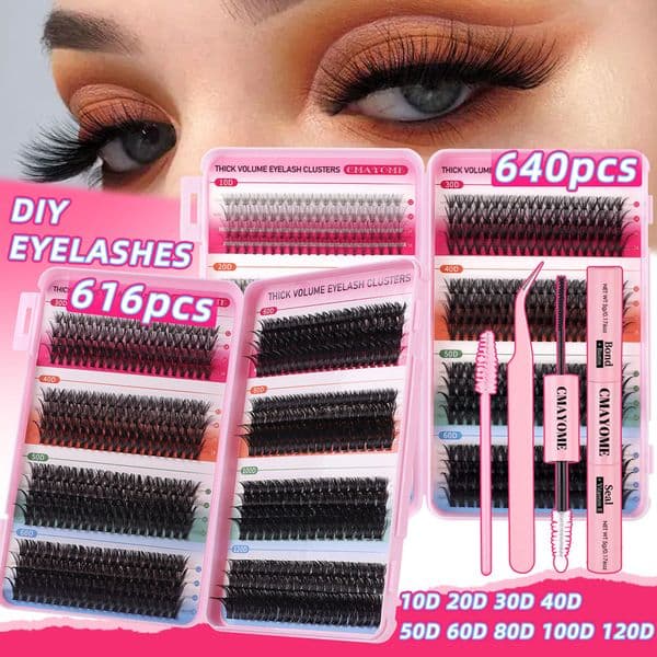 DIY Cluster Eyelashes with Lash Bond & Seal Thick Fluffy Individual Lashes Soft Lightweight Handmade Reusable D Curled DIY Segmented Eyelash Extensions Accessory