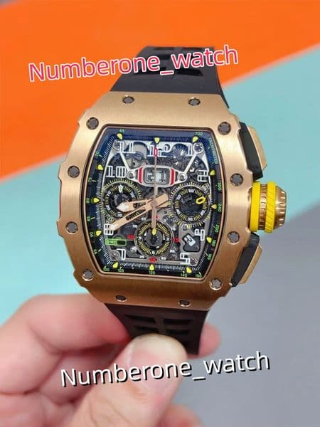 Super Factory Watches Mens Carbon Fiber Case RM11-03RG/003 Automatic Movement Transparent Back Classic original Clasp Yellow strap Men WristWatch
