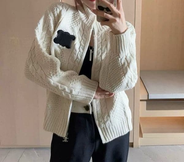 Designer sweater. Women's knitted cardigan coat. Designer knitted top. Letter-embroidered knitted cardigan jacket.
