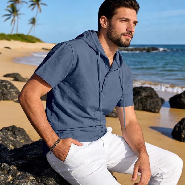 Mens designer T Shirt Tops MensT-Shirt Linen Henley Hooded T Shirt Short Sleeve Solid Color Casual Beach Wear Tee Men Clothing