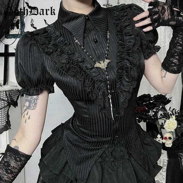 Goth Dark Kawaii Black Short Slve Buttons Shirt Lace-up Blouses Mall Gothic Slim Lapel Collar Stripe Shirts Women Alt Techwear L260330