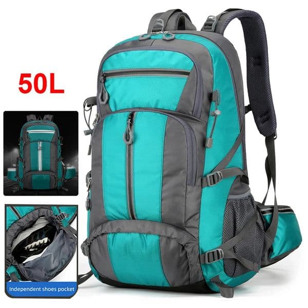 50L Nylon Backpack Camping Bag Outdoor Sport Hiking Trekking Climbing Travel Shoulder Reflective Shoes Luggage Outdoor Men Bag 260330