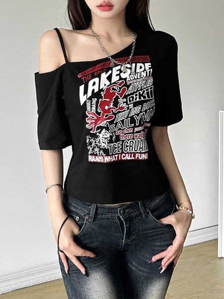 Gothic T Y2k Letter Print Off Shoulder Punk T-shirts Women Harajuku Summer Strtwear Grunge T Shirt Aesthetic Sexy Crop Tops L260330