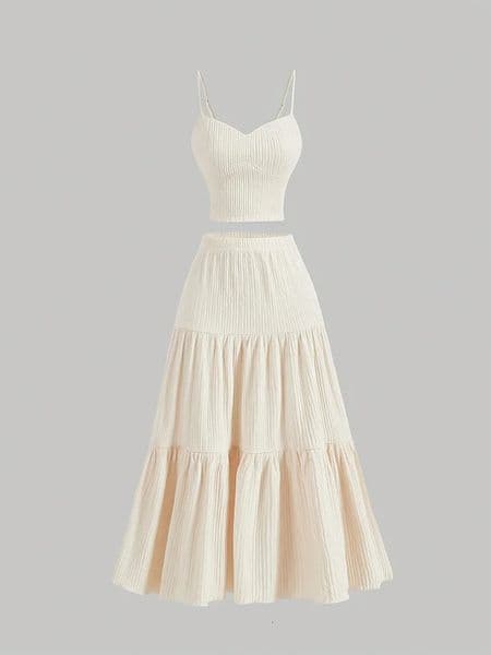 Plus Size Womens Beige Ribbed Cami Top Tiered Maxi Skirt 2Piece Set Elegant Casual Party Style 0XL4XL 260330