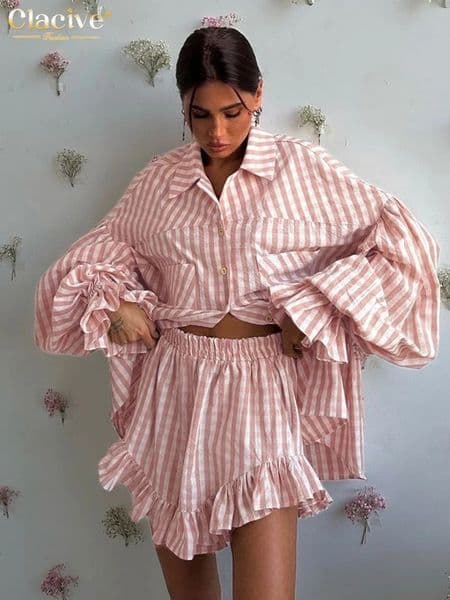 Clacive Fashion Loose Stripe 2 Piece Sets Women Outfit Elegant Long Sleeve Shirt With High Waist Ruffle Shorts Set Female 260326