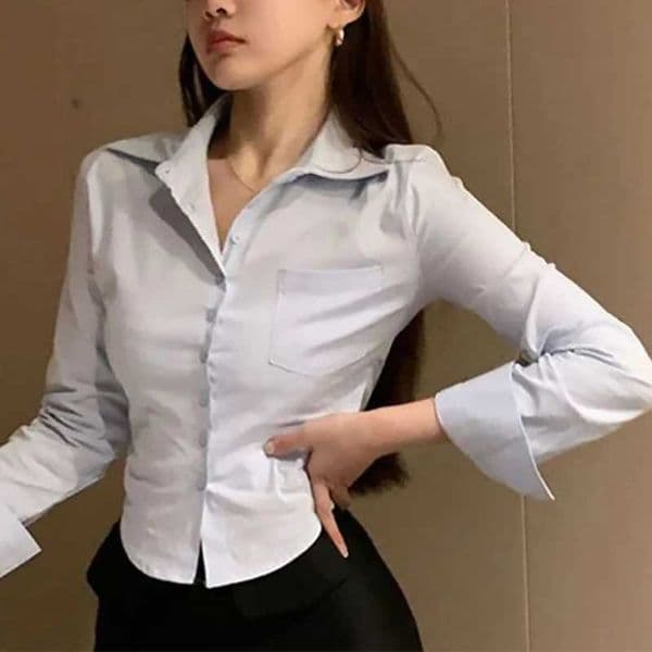 Korean White Office Women Chiffon Shirt Pocket Button Lapel Ladies Blouse Spring Commuter Long Slve New Female Crop Tops L260330