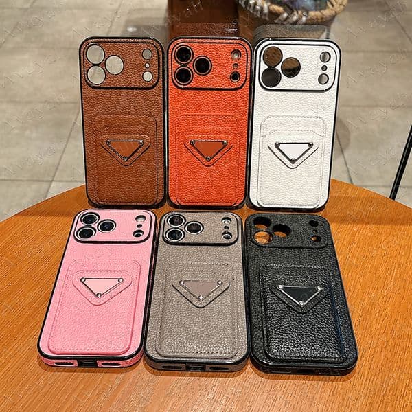 Luxury Leather Card Slot Pocket Phone Case for iPhone 17 Air 16 Pro Max 15 Plus 14 13 12 11 Lychee Anti-knock Full Protection Cover Solid Tri-angle Designer iPhone16 Shell