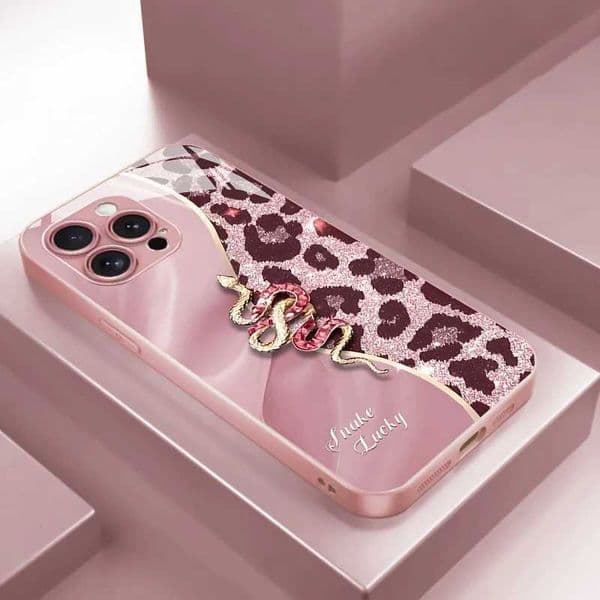 Spliced Leopard Print Golden Snake Metallic Paint Glass Phone Case For 17 16 15 14 13 12 11 Pro Max Plus 16E 17Air Cover S26330
