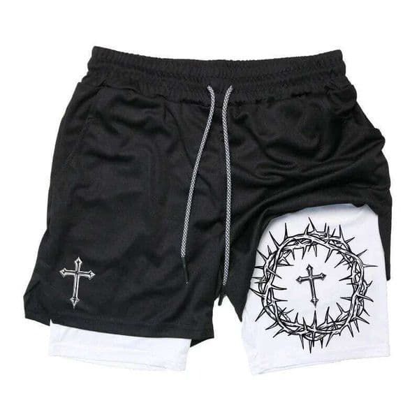 Cross Print 2 in 1 Casual Breathable Sport Running Men Christian Quick Dry Fitness Gym Performance Shorts with Pocket S260328