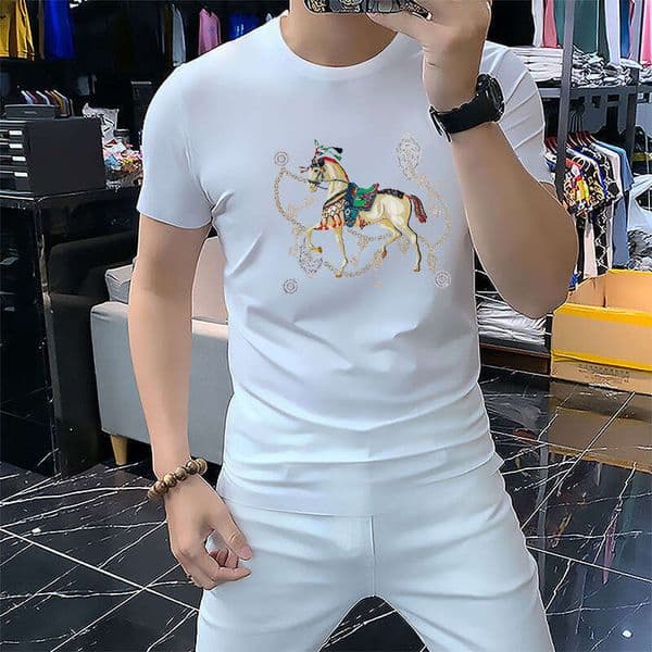 Ice Silk European Station 2026 Summer New Fashion Mens Trendy Rhinestone Short Sleeve T-Shirt Base Shirt