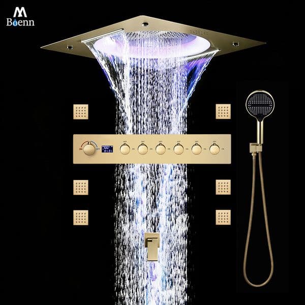 M Boenn 6 Functions Smart Shower System Set with Hot and Cold Mixer Bathroom Faucets Brass Concealed LED Shower Head Rainfall High Pressure Shower Panel Black Body Jet