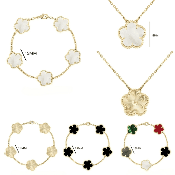Luxury 18K Gold Plated Clover Necklace Bracelet Earring for Women, Mother of Pearl Agate Stainless Steel 5 Motifs Flower Lucky Bracelt Jewelry, Designer Gift for her