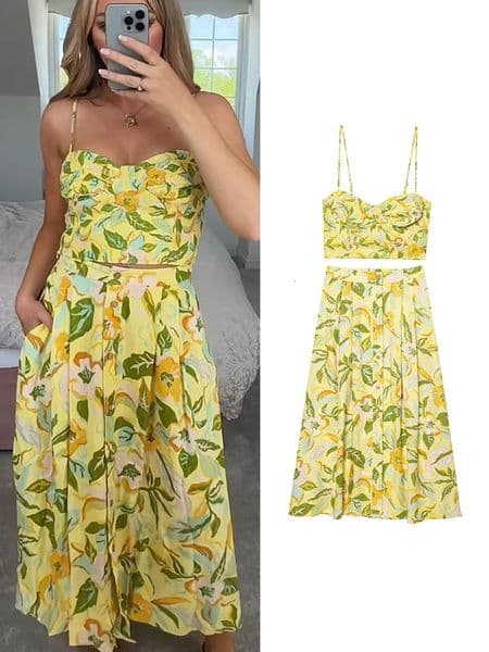 TFMLN Women Floral Print Skirt Two Piece Set Sexy Crop Sling Camisole Casual Beach Holiday Style Aline Skirts Sets Female 260330