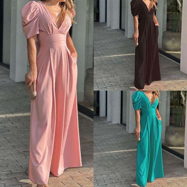 2026 Spring New Collection: Cross-Border European American Foreign Trade Women's Clothing - Fashionable and Elegant Solid Color Slim-Fit Short-Sleeve Wide-Leg