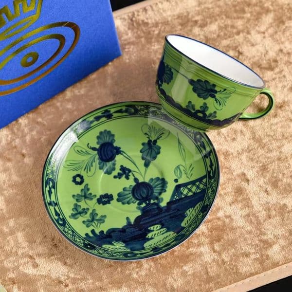 Art Green Blue Floral Ceramic Coffee Cup and Saucer Set Bone China Tea Cup Tableware Afternoon Tea