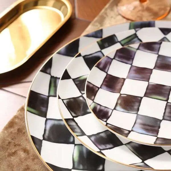 3PCS Vintage Checkerboard Bone China Plates Set 6inch 8inch 10inch Porcelain Dinner Dishes for Kitchen Restaurant