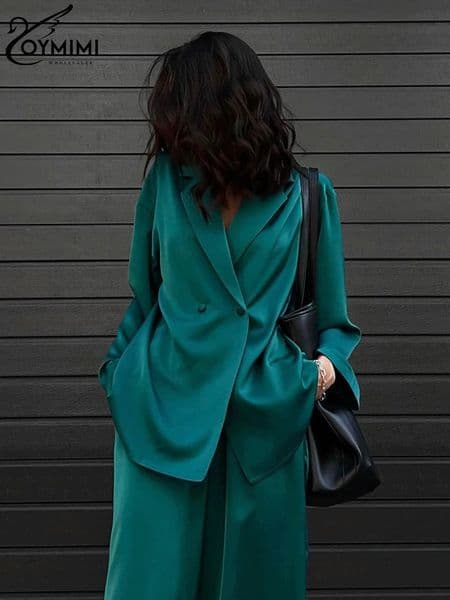 Oymimi Fashion Long Sleeve Shirts 2 Piece Sets Women Casual Loose Green Satin Pants Set Elegant High Waist Wide Trousers Suits 260330