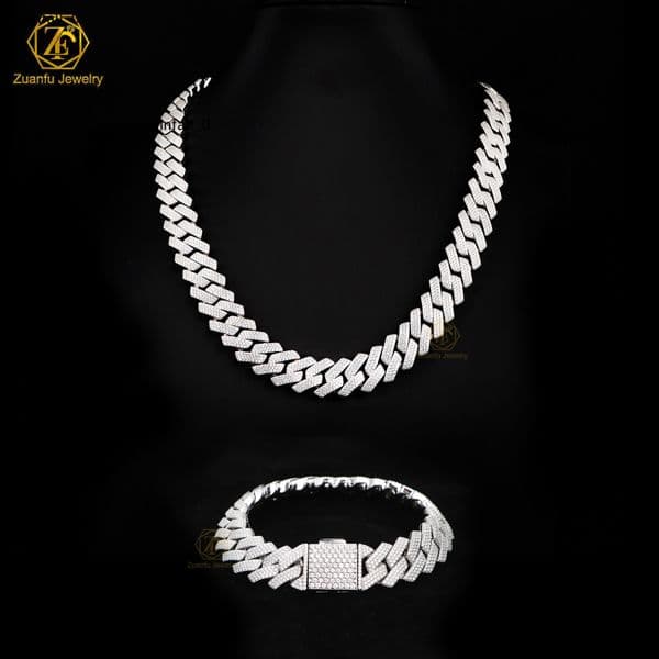 RTS 15mm 3-Rows Ice Out Diamond Hip Hop Moissanite Fine Necklaces 925 Sterling Silver White Gold Cuban Link Chain for Men