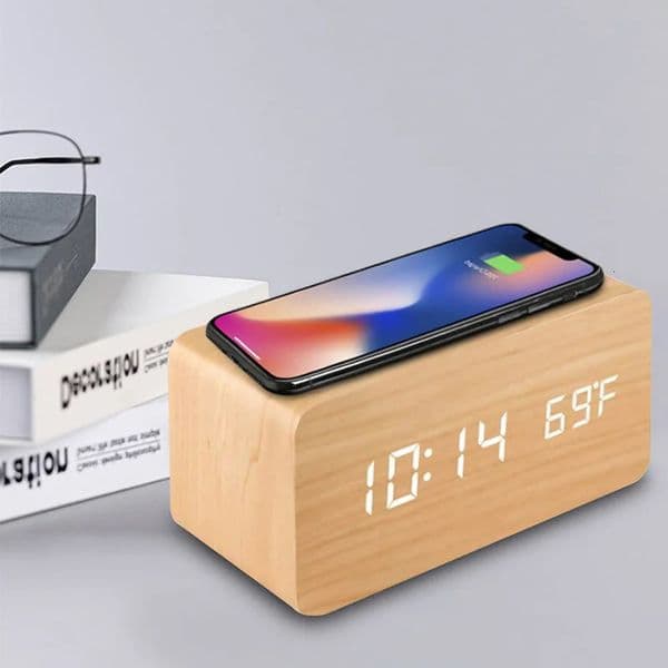 Wooden Digital Alarm Clock with Wireless Charging LED Clock with Time DateTemperature Desk Clocks for OfficeBedside Clock 260327