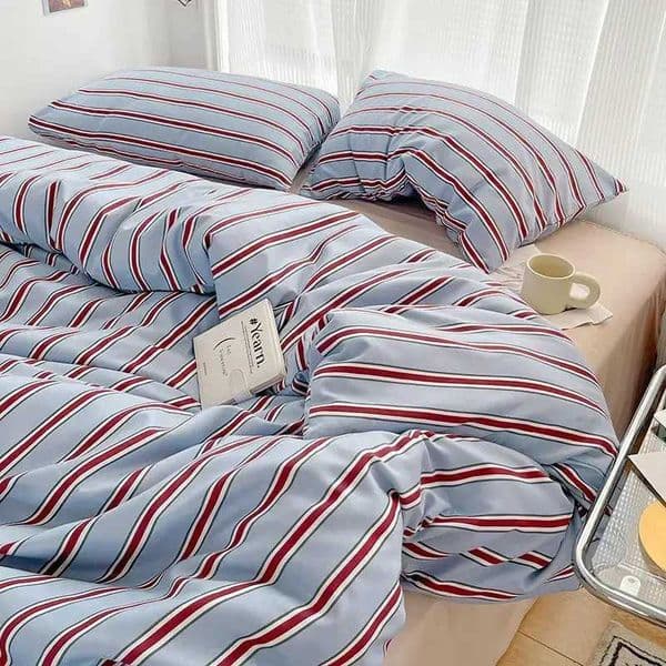 Simple Style Red And Blue Strip Duvet Cover Set Bed Sheet Set Washed Cotton Bedding Set H260402