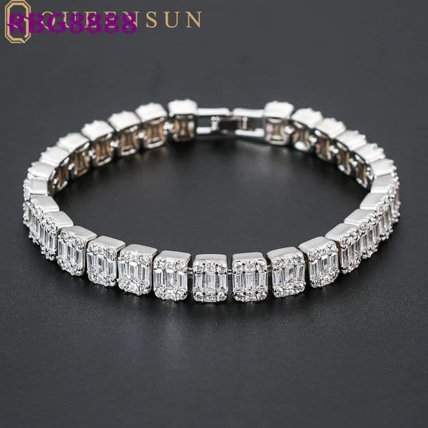 Queensun IGI GRA 18k Solid White Gold Tennis Bracelet 9mm Rectangular S925 Moissanite Hip-hop Chain Link Jewelry Lab Diamond