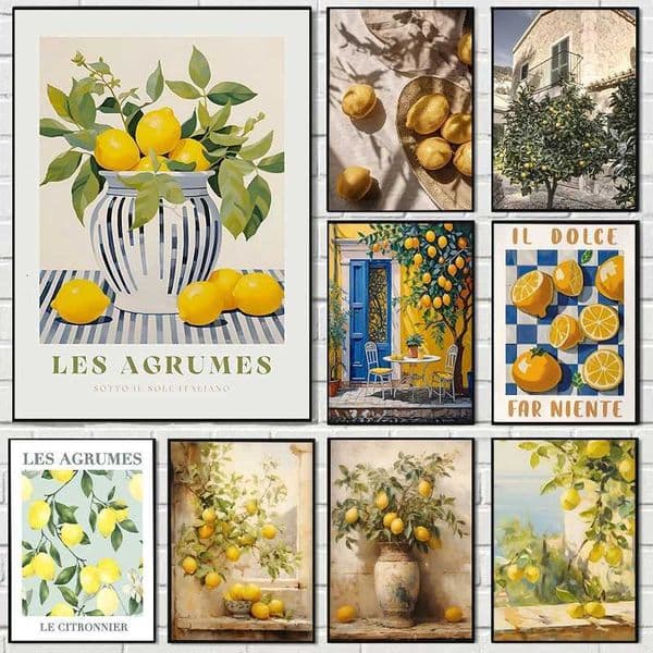 Retro Lemon Garden Canvas Poster Fresh Lemon Olive Tree Wall Art Prints for Modern Living Room Office Summer Home Decor Gifts X260328