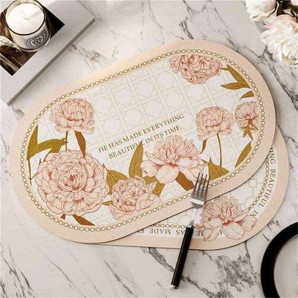 1PCS 30*45CM Leather Oval Pink Flower PU Meal Mat For Kitchen Waterproof Oil Proof Thermal Placemat Table Western Food Plate Pad 26Y0330