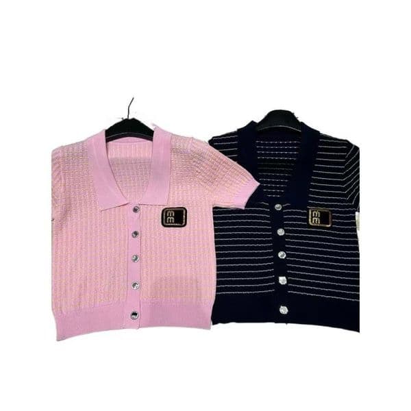 2026 Spring/Summer New Arrival Knit Gold Letter Collar Short Sleeve Single Button Open Cardigan Loose Versatile Women's Top