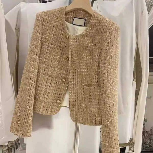 Elegant Cropped Tweed Wool Womens Jacket O-Neck Short Coat Solid Korean Style Golden French Look 2025 Autumn Fashion for WomenT260328