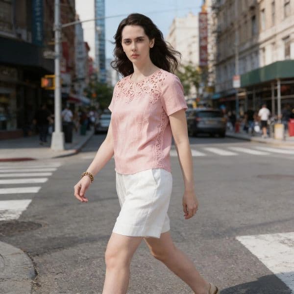 Luxury Designer Womens Pink Linen Lace Blouse Vintage French Style Hollow Out Short Sleeve T-shirt Loose Fit Casual Summer Tops