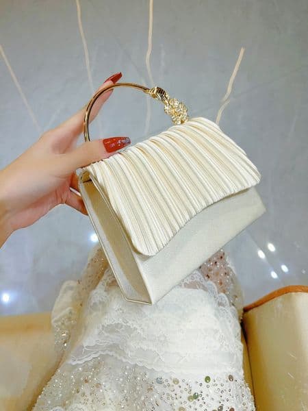 2026 Luxury Satin Ruched Evening Clutch Bag for Women, Rhinestone Flower Handle Bridal Purse Crossbody Shoulder Bag