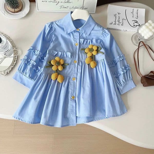 Heronsbill Doll collar lace Asymmetrical hem Girls long-sleeved shirt dress girls clothes party dress for kids girlT260330