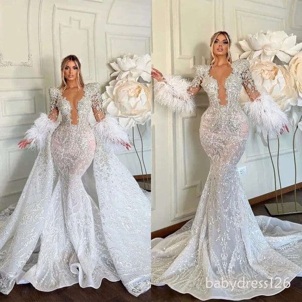 Sexy Feather Arabic Mermaid Plus Size Detachable Train Lace Bridal Dresses Beaded Crystal Wedding Gowns ZD12 ZD19