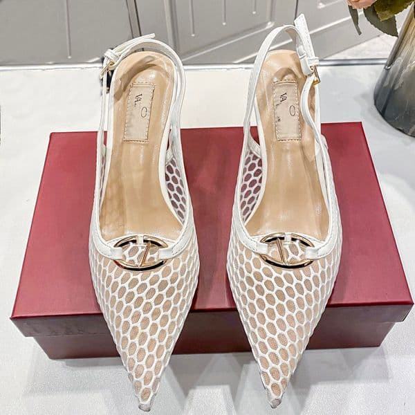 Designer Luxury Mesh Slingback Stiletto Pumps for Women,Pointed Toe Hollow Out High Heels with Gold Buckle, Elegant Breathable Dress Shoes