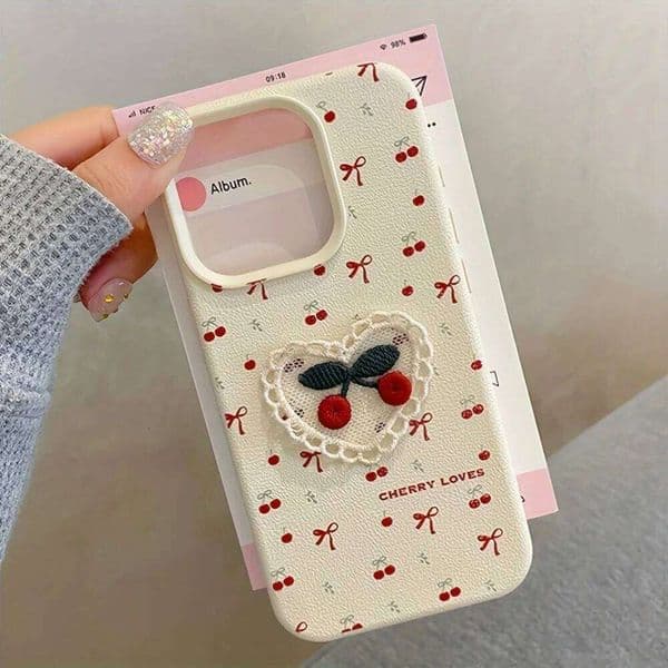 Korean Cute 3D Embroidery Cherry Bowknot Bow Leather Pattern Soft Case For iPhone 16 15 14 13 12 11 Pro X XR XS Max Cover 26Y0316