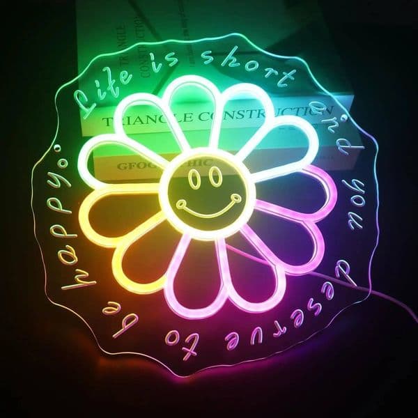 Bestseller Life Is Short You Deserve To Be Happy Neon Sign Flower Smiley Face LED Lights For Bar Bedroom Living Room Cafe Salon Wall Decor Ddmytues