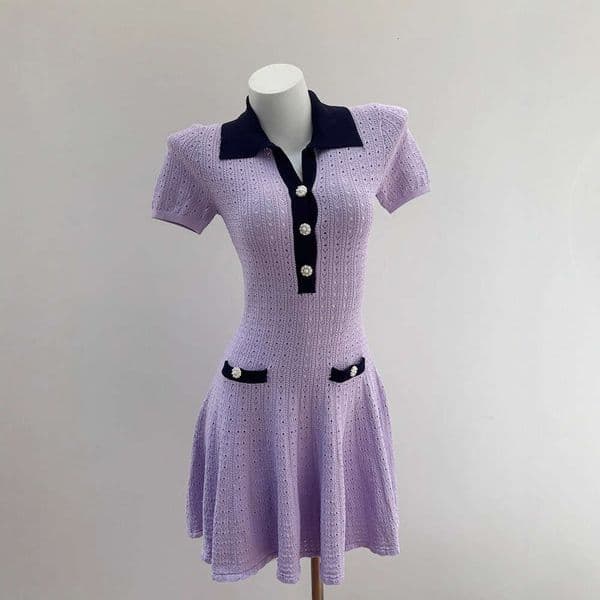 h28 2026 Autumn New Designer Light Purple Pure h28 White Collar Hollow Fashion Women's Knitted Dress