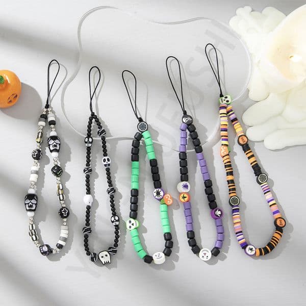 Halloween Themed Acrylic Beaded Phone Charm - Skull Pumpkin Handmade Anti-Lost Phone Strap