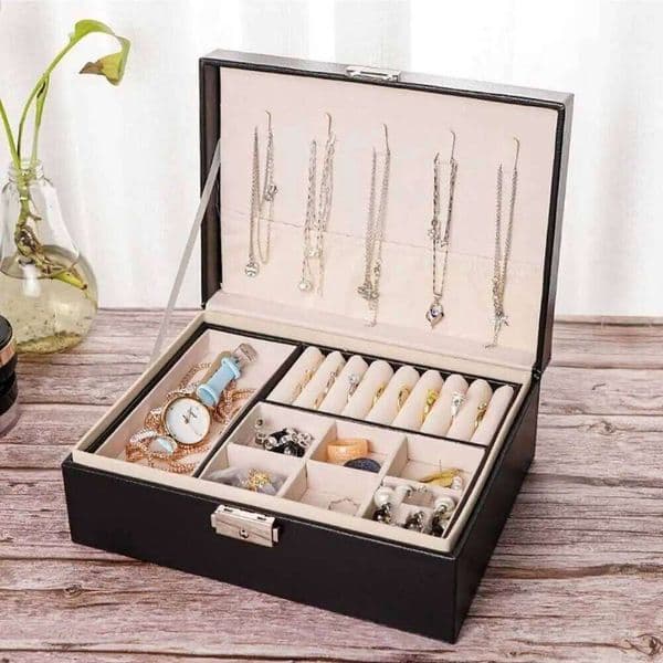 2 Layer Double-layer Box with Lock PU Leather Organizer Elegant Dustproof Jewelry Display Case Desktop 26Y0331