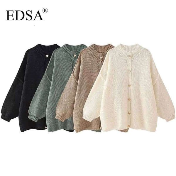 EDSA Women Casual Loose Button Plain Knit Solid Coat New Autumn Winter Fasion Lazy Cozy Basic Sweater