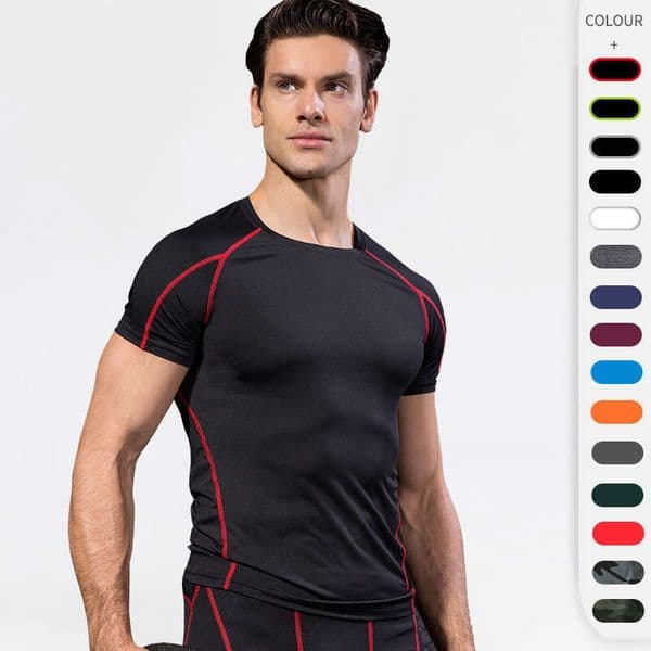 Men's Tight Fitness Sports Running Training Shirt Elastic Quick-Dry Short Sleeve T-Shirt Clothing