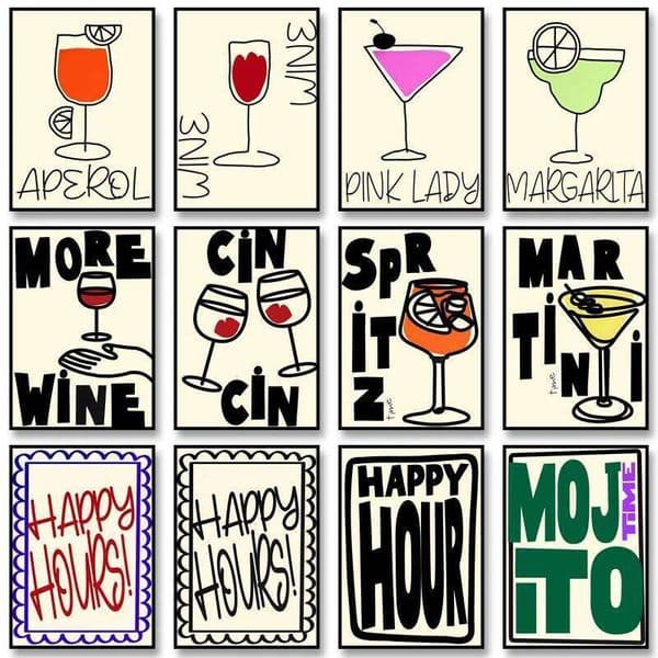 Cocktail Posters Colourful Retro Canvas Painting Alcoholic Drinks Print Wall Art Pictures for Party Bar Food Kitchen Home Decor 26L0331