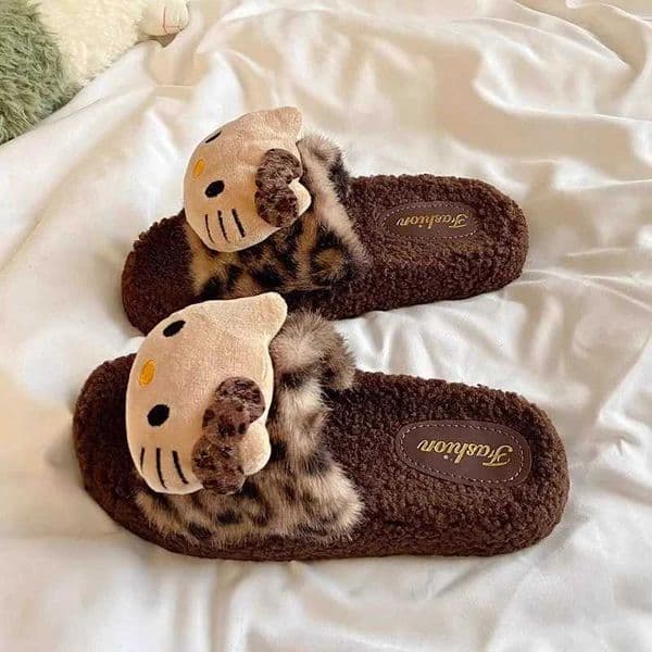 Kids Slippers House Shoes Cartoon Hello Kitty Open Toe Winter Shoes For Girls Warm Anti-slip Beige Brown Shoes Size 36-41 L260331