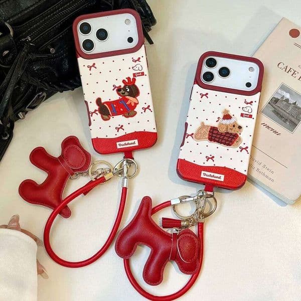 Merry Christmas Style Dachshund Dog lanyard Phone Case For iPhone 17 16 15 14 13 12 11 Pro Max INS Korean Cute Cartoon Cover 26Y0316