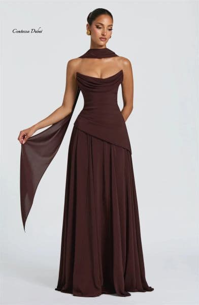 New Brown Prom Party Dress 2026 With Warp Strapless chiffon Cape Draping A-line Evening Formal Gowns Birthday Robe De Soiree Vestidos De Fieast