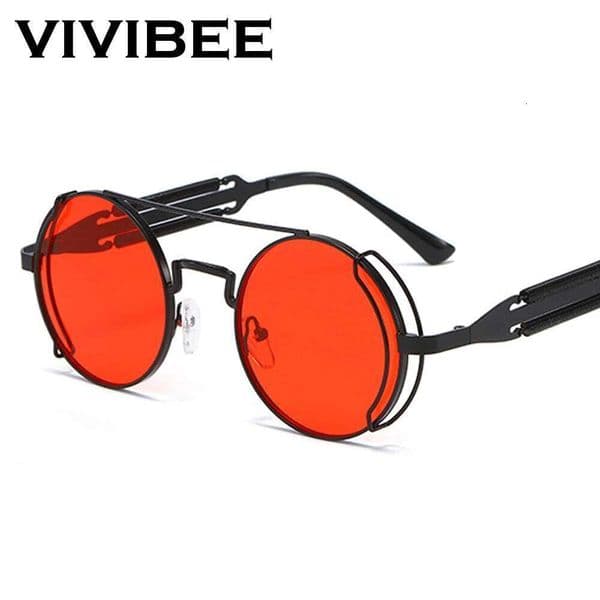 VIVIBEE Steampunk Sunglasses Men Round Red Lens Punk Sun Glasses Black Metal Gothic Style 2026 New Products Women UV400 Shades 26Y0331