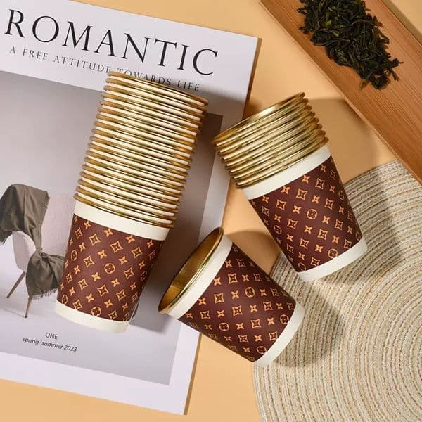7oz(210ml) Disposable Gold Foil Paper Cups, 500pcs MOQ, Custom Logo Available, Luxury Style for Home & Business