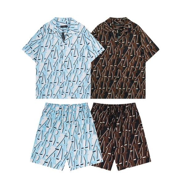 Men's American Streetwear Gradient Letter Print Short Sleeve Shirt Summer Beach Pants Casual