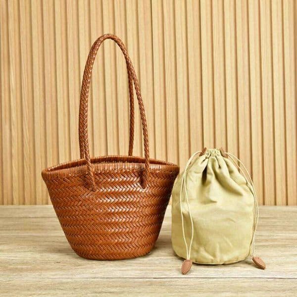 Head Layer Cowhide Braided One Shoulder Bucket Vintage Leather Handmade Vegetable Basket Travel Beach Tote Bag Suotong260331